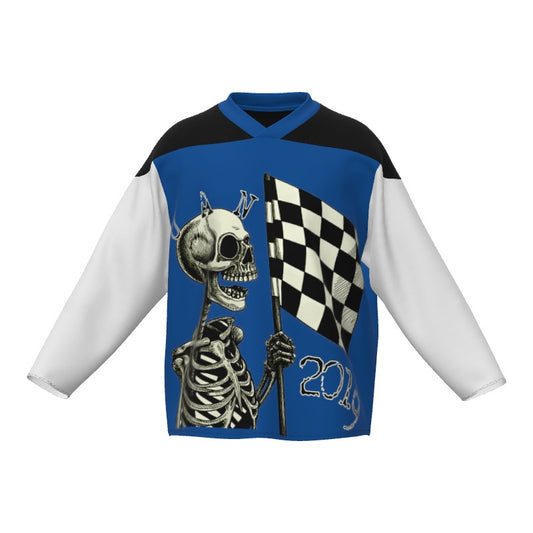 UP ALL NIGHT BLUE/WHITE SKELETON CHECKER FLAG JERSEY.